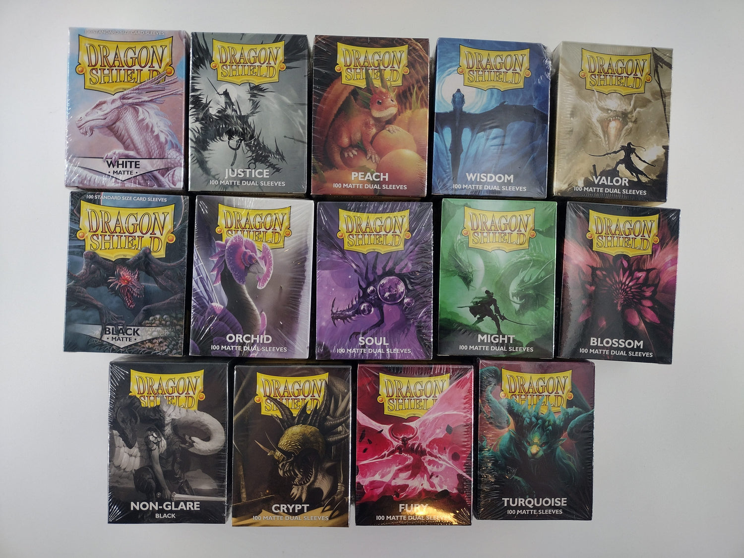 Stack of colorful card sleeves used for trading card games