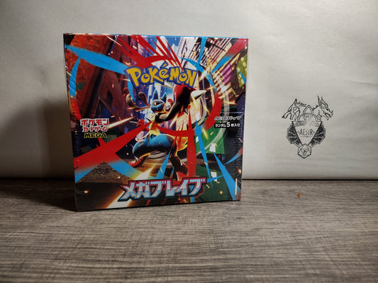 Front view of sealed mega brave Pokémon Booster Box – factory sealed.